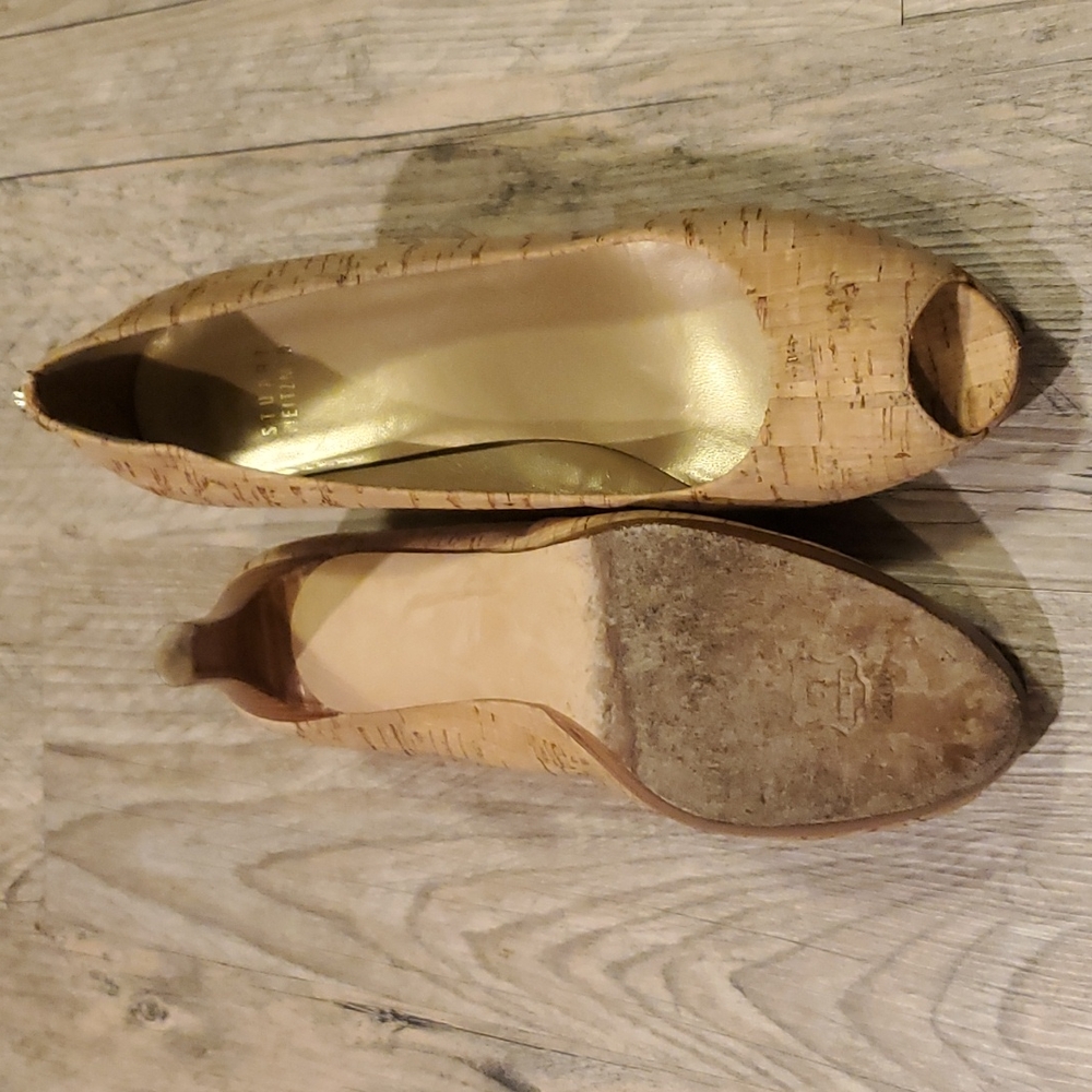 Stuart Weitzman Logo Plainfield Natural Cork Peep Toe Platform Pump - Picture 7 of 9